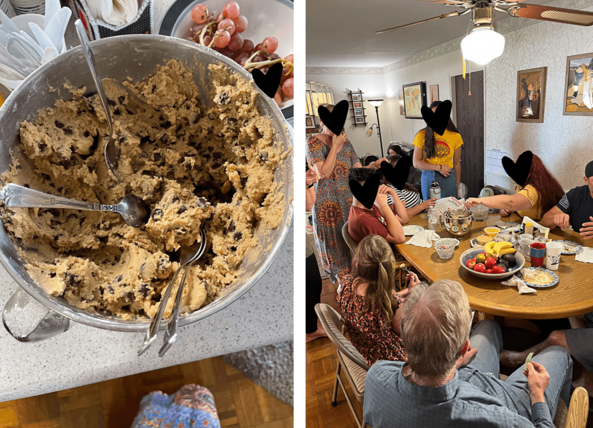 a bowl of cookie dough with spoons in it, a family gathered around a table eating cookie dough.