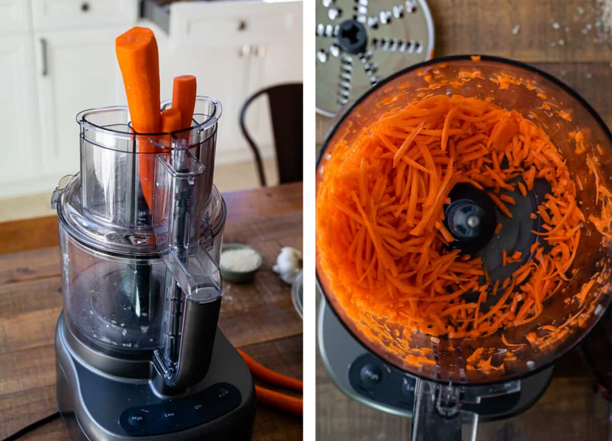 close up of food processor shredding carrots.