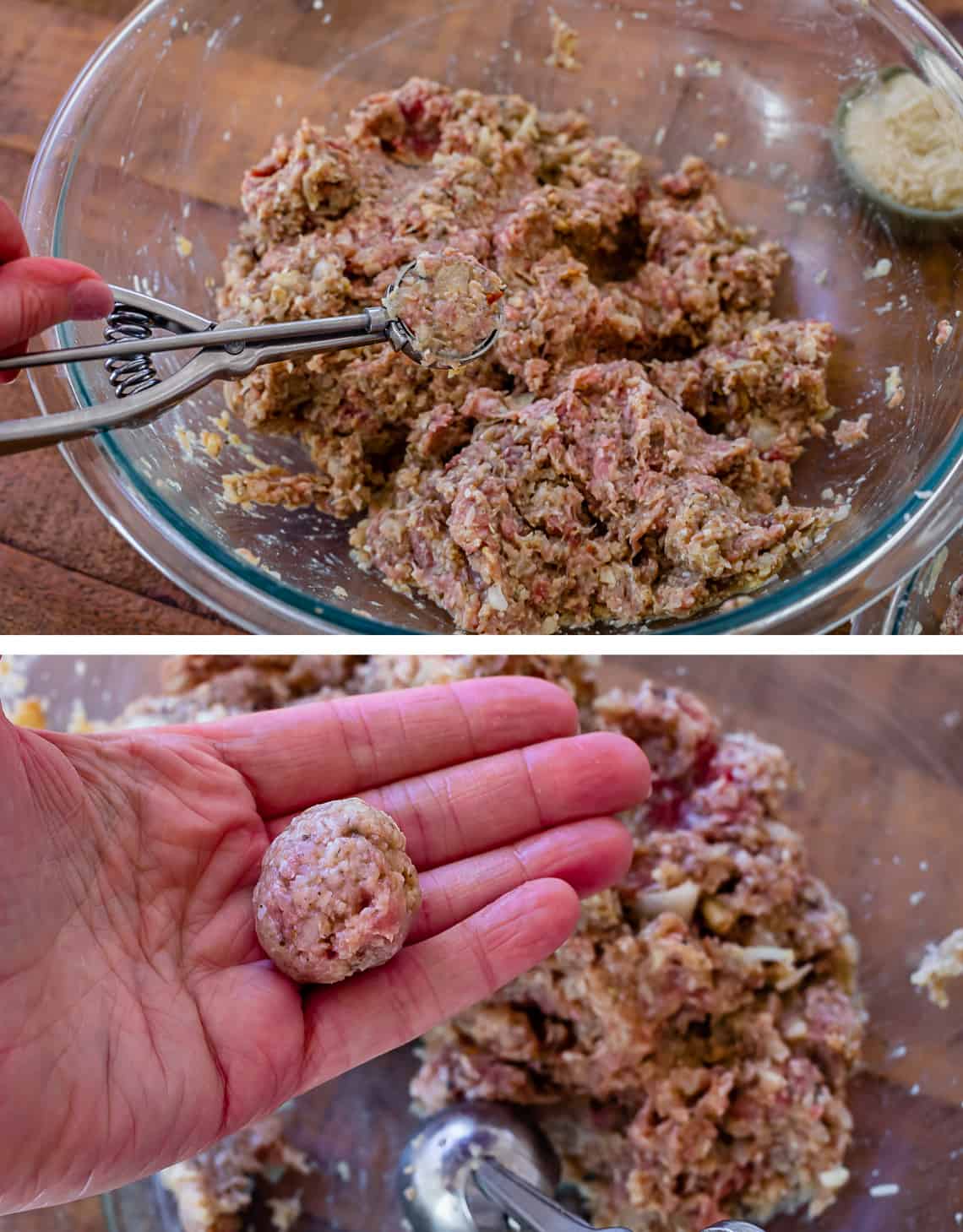 a small scoop of raw meatball mix to show size and how to shape in balls.