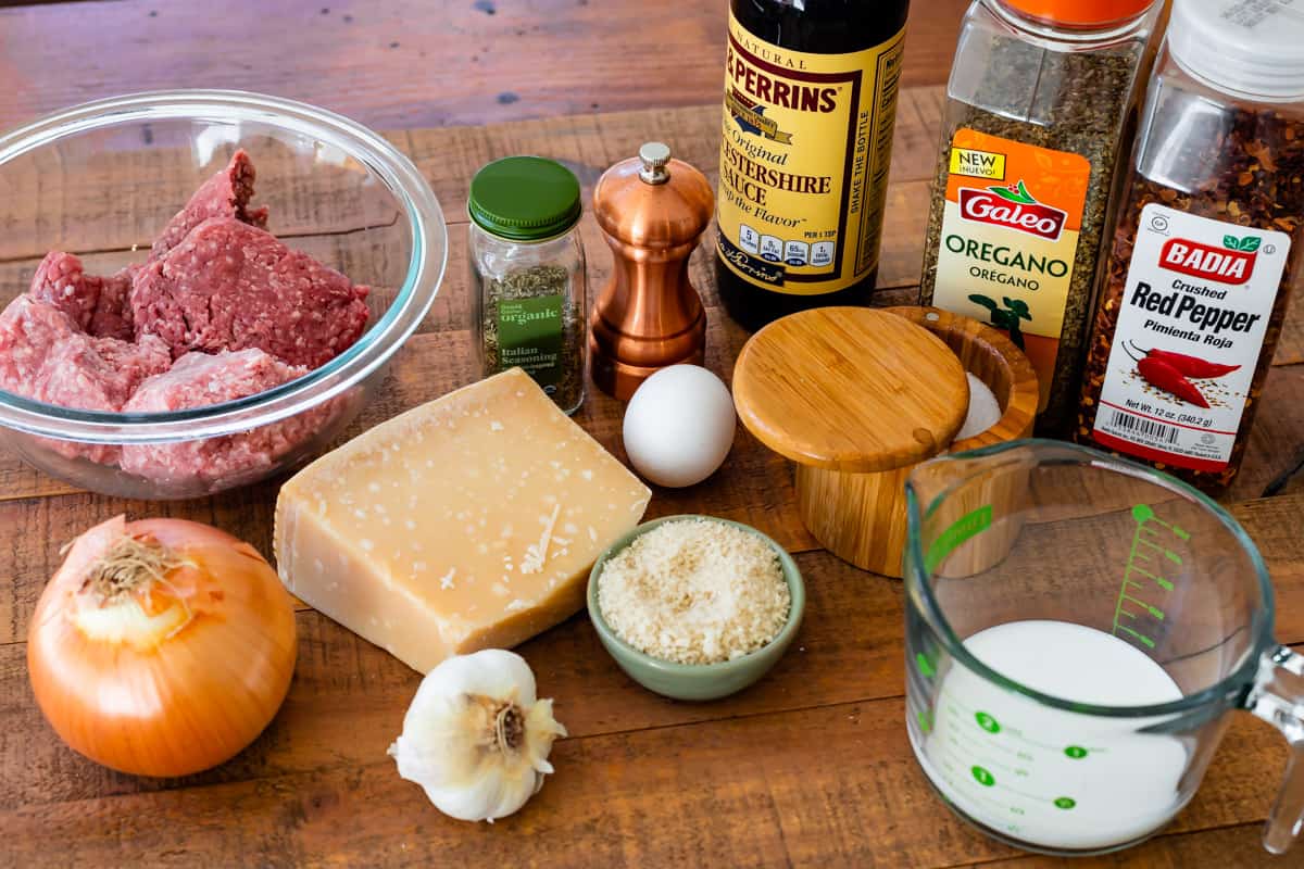 ingredients for meatballs like ground meat, onion, garlic, parmesan, egg, etc.