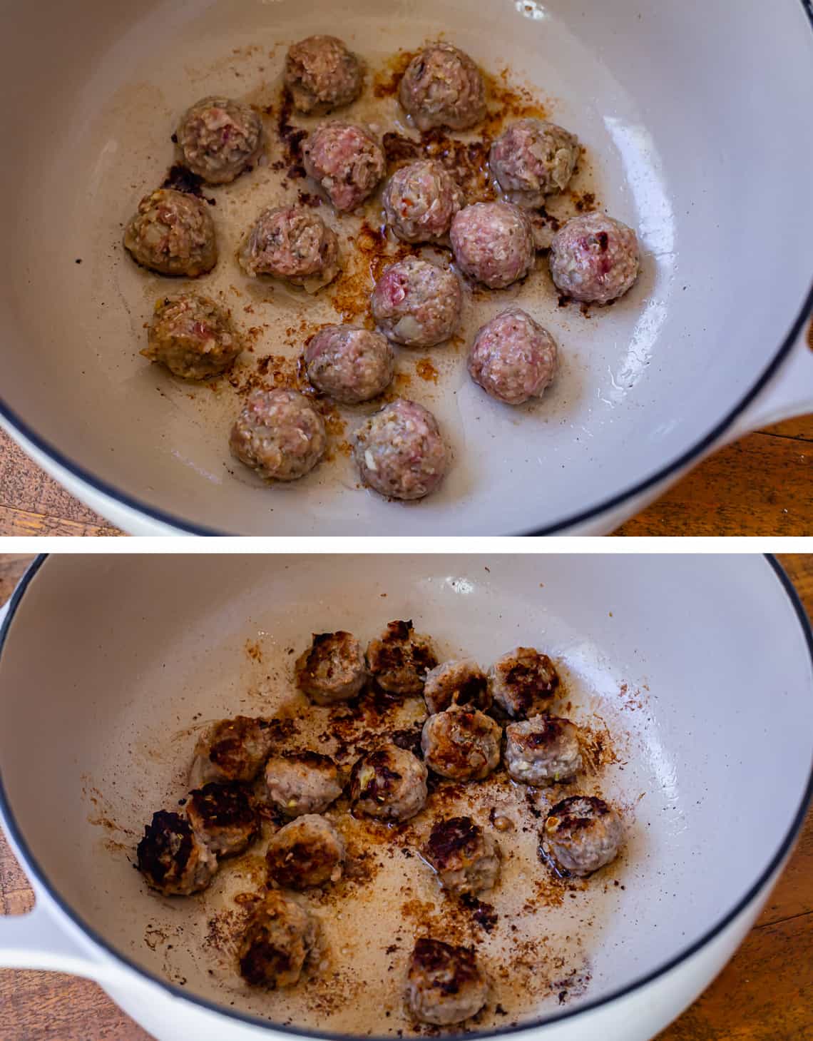 italian wedding soup meatballs being browned in a large stockpot as the base of flavor.