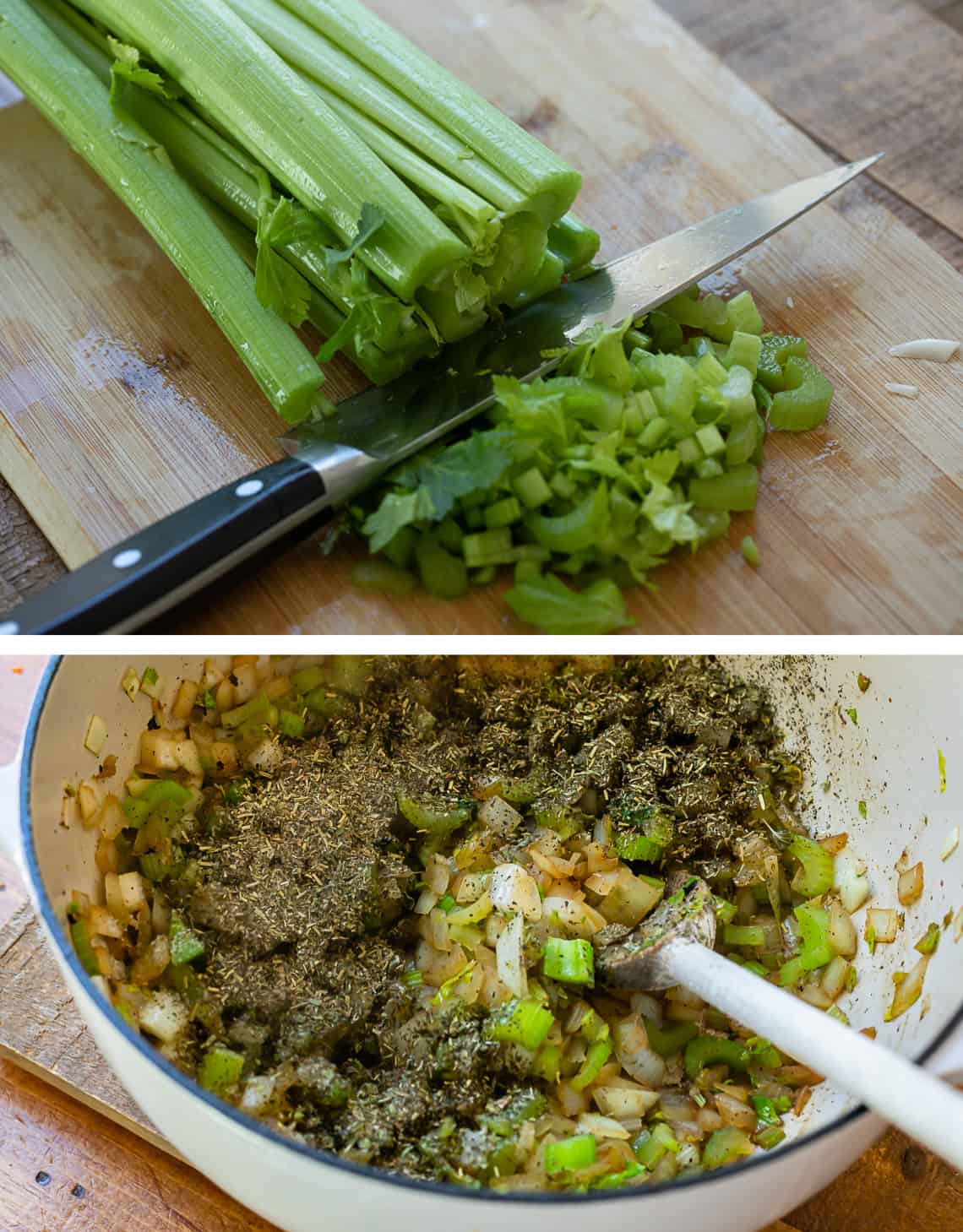a head of celery being chopped and then added to a stockpot with seasonings.