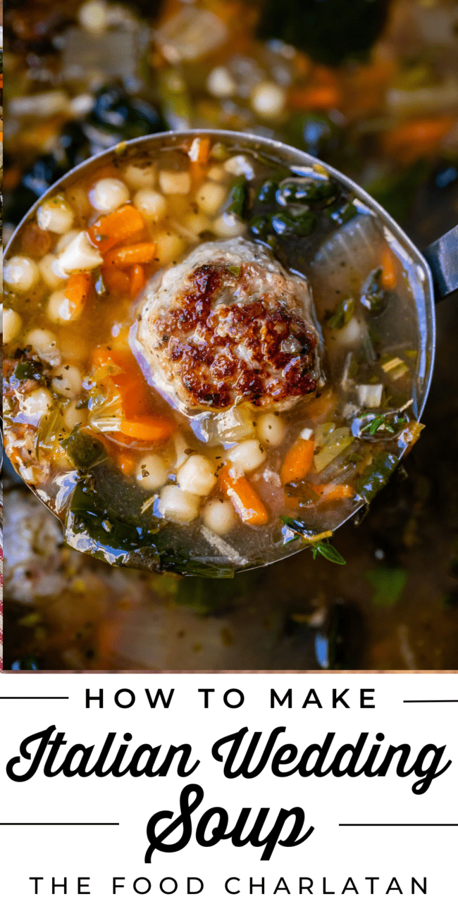 close up of a metal ladle full of Italian wedding soup with one meatball.