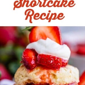 A close-up of a strawberry shortcake topped with fresh strawberries and whipped cream, with the text Classic Strawberry Shortcake in bold red script above the dessert.