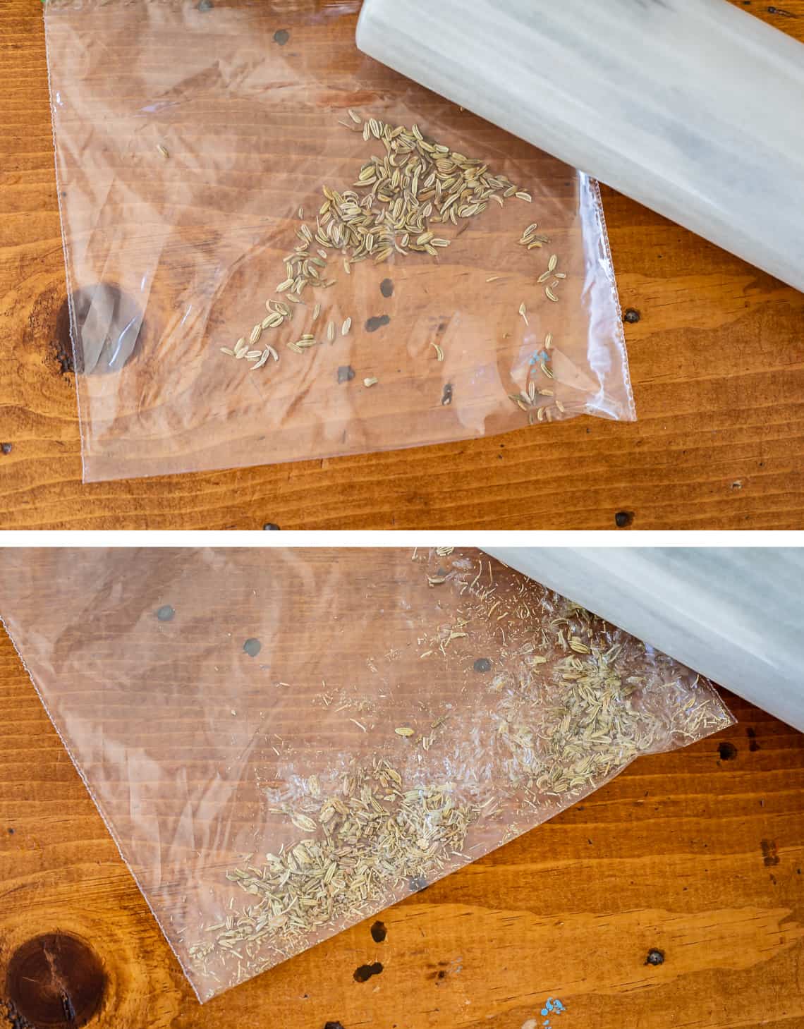 plastic bag with fennel seeds showing how to crush them with a large knife.