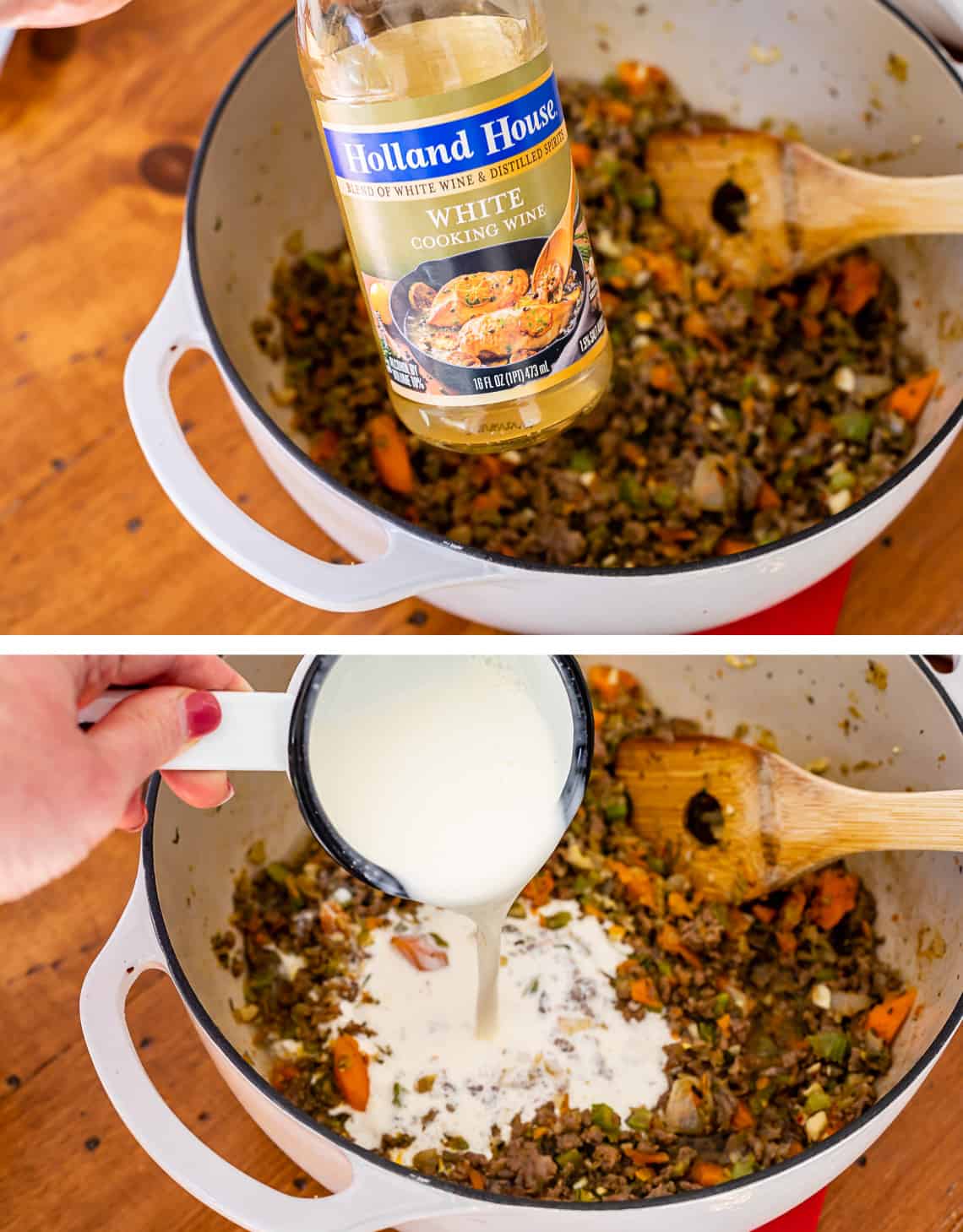 pouring white wine and cream into stockpot over sauteed carrot, onion, and celery.