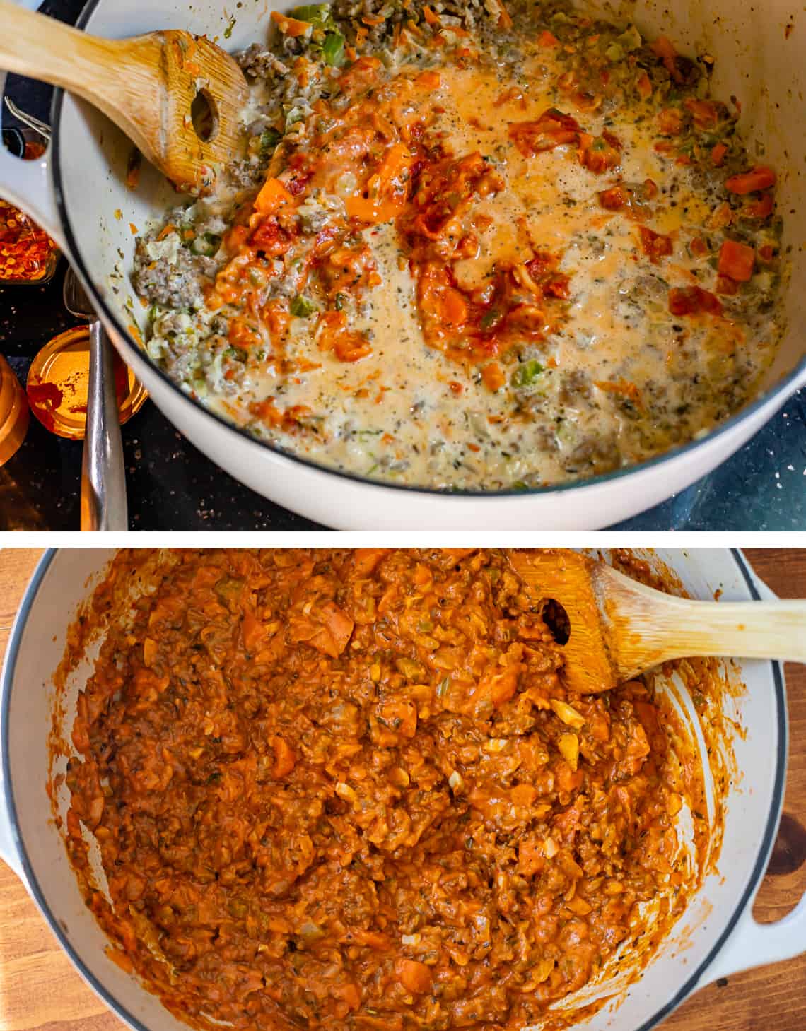 on top adding tomato paste to meat and veggie mixture and all mixed in on bottom.