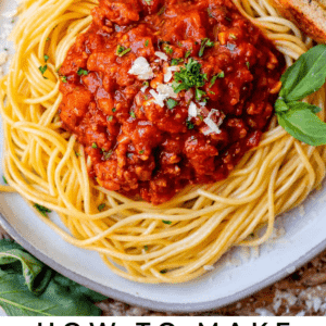 homemade spaghetti sauce o bed of noodles with parmesan and parsley garnish.