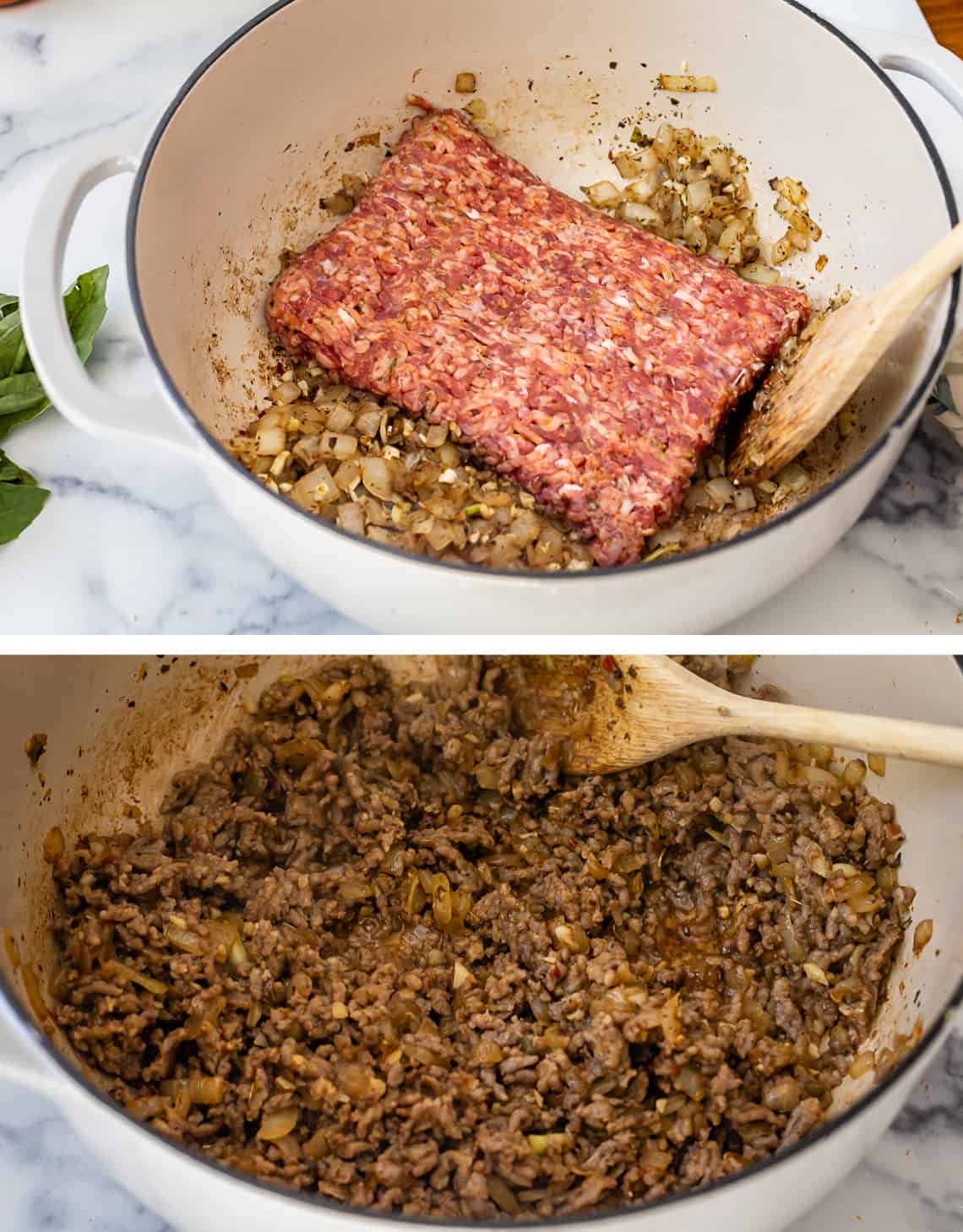 Adding Italian sausage to cooked onions and seasonings to brown for easy homemade spaghetti sauce.