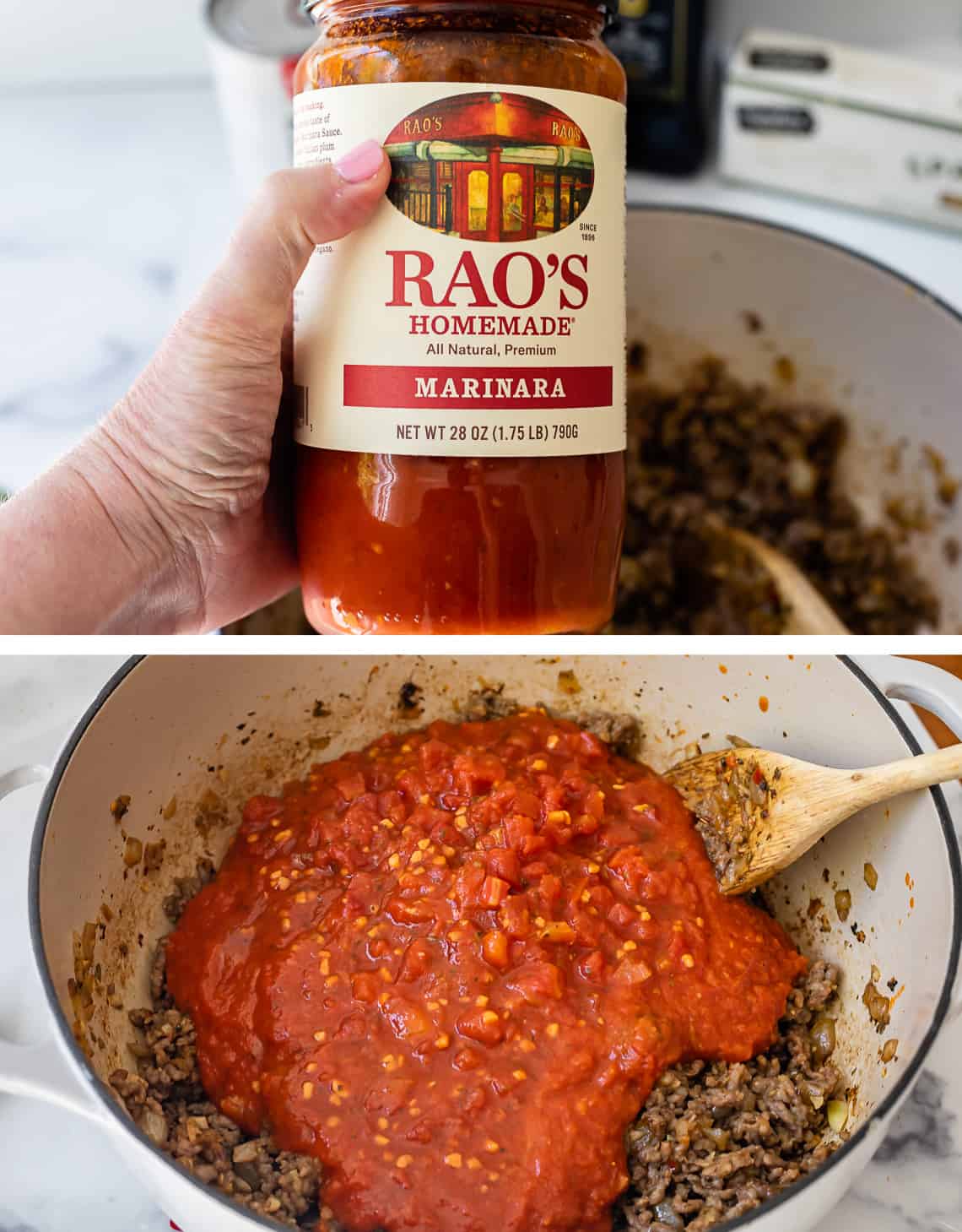 jar of Rao's Homemade Marinara sauce poured over meat for spaghetti sauce recipe.