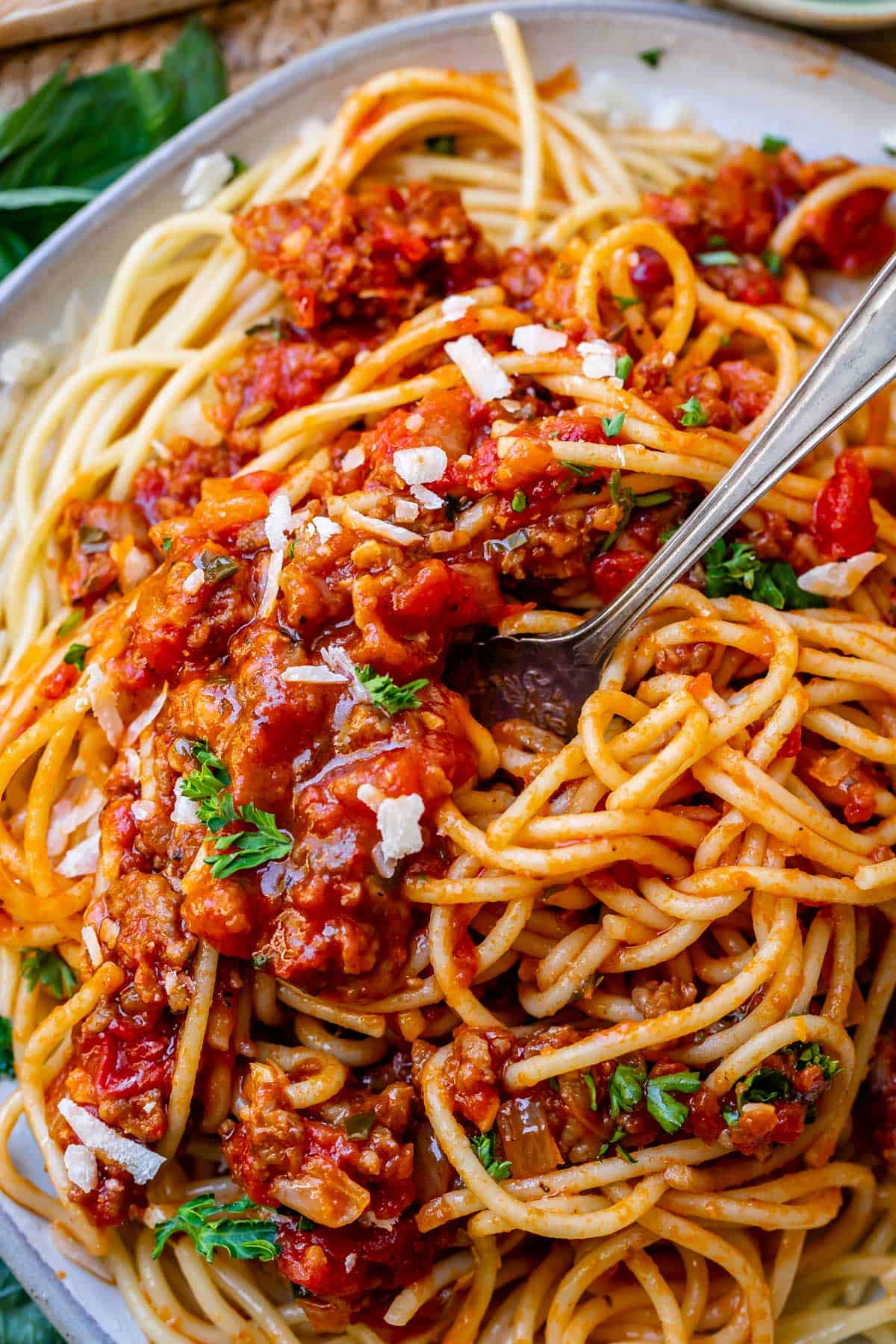 full plate of spaghetti noodles topped with homemade sauce and bits of basil.