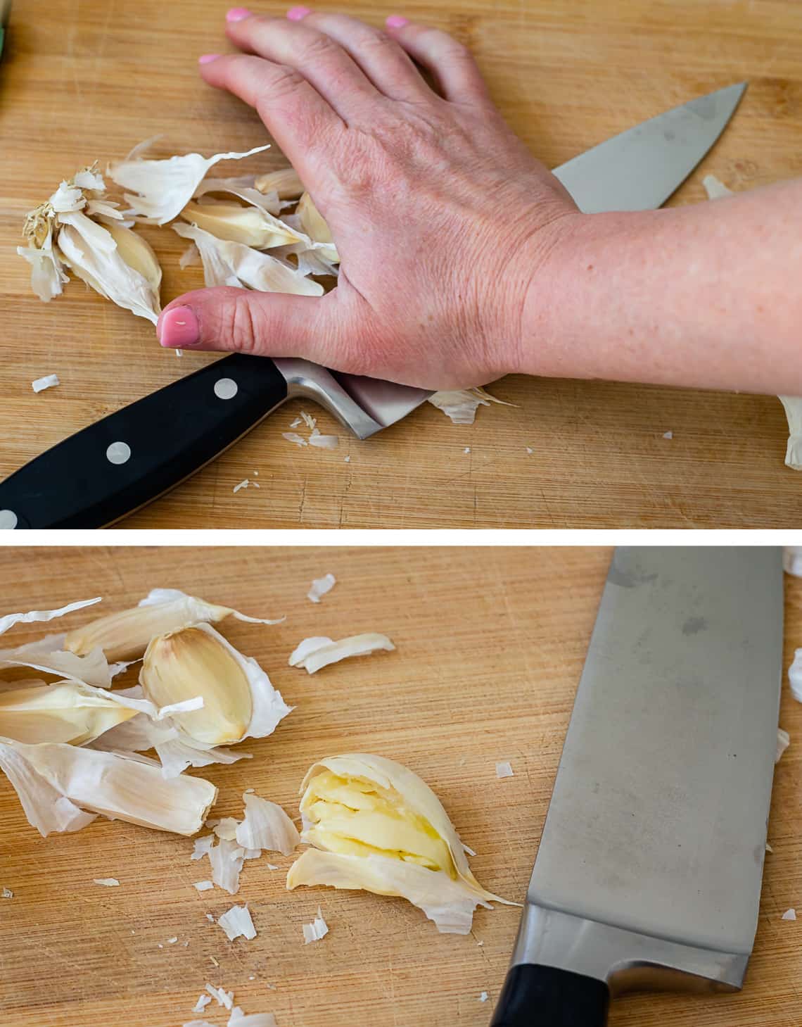 hand using knife to smash garlic cloves so they're easier to chop.