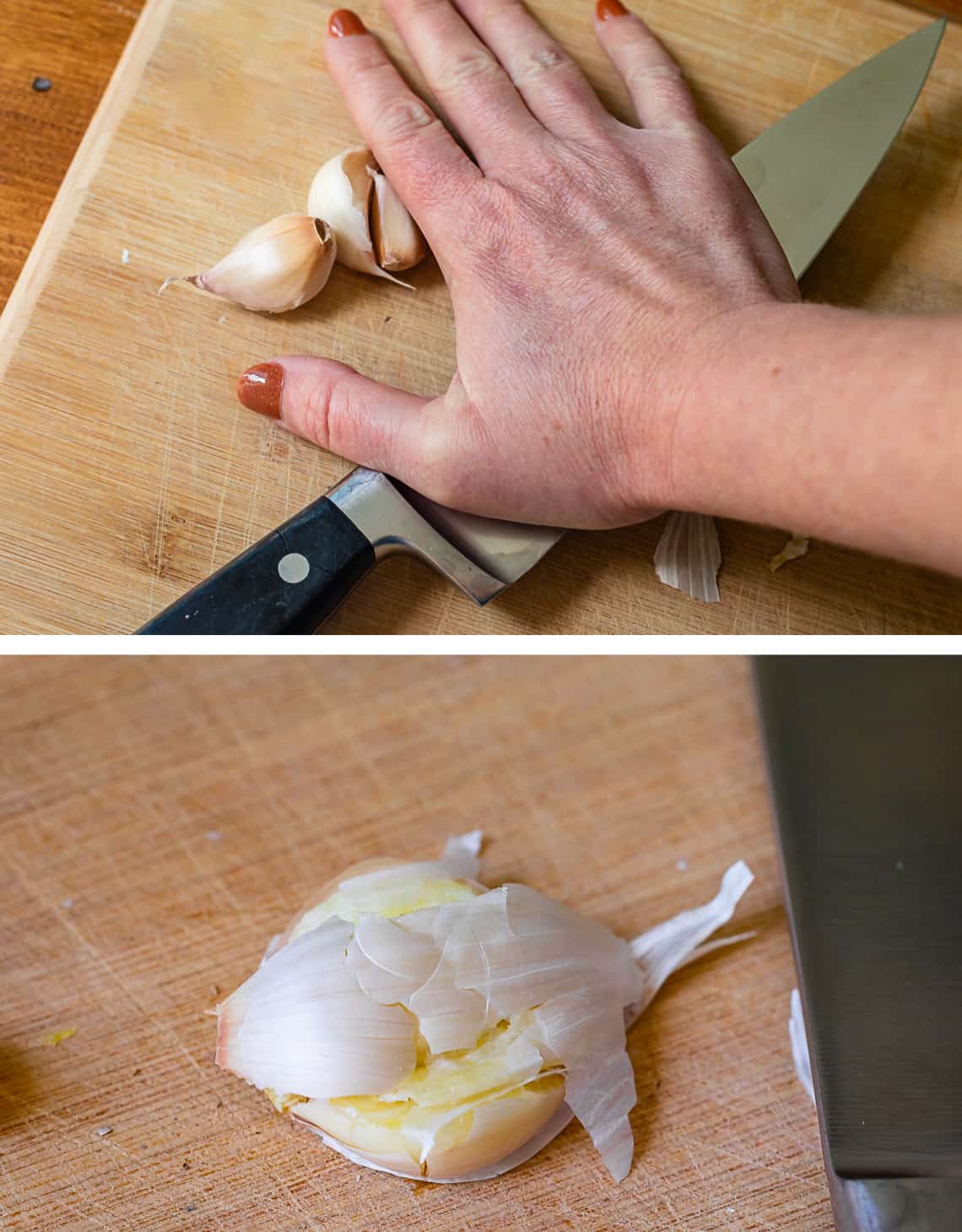 process shot of how to smash garlic bulbs with a chef's knife, and the resulting smashed clove.