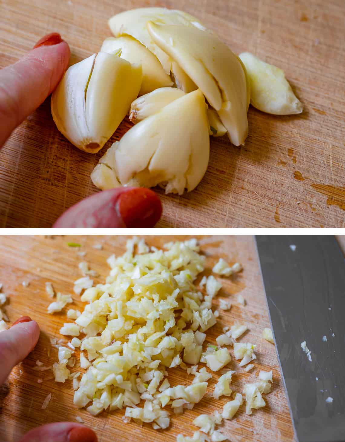Process shot of smashed garlic cloves being chopped into tiny pieces with a chef's knife.