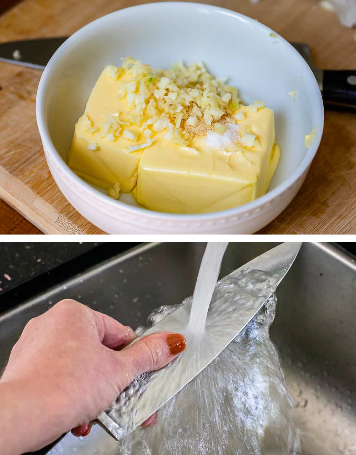 bowl with softened butter topped with garlic and seasonings, and washing the knife.