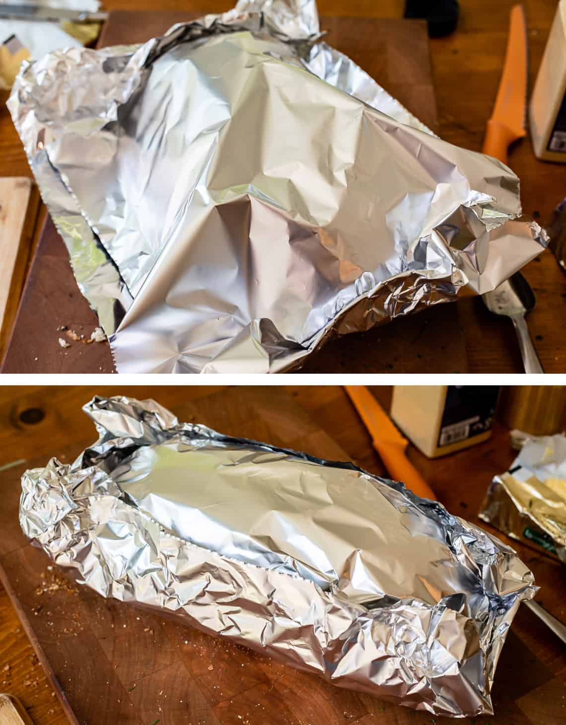 process shot to show how to tent foil around garlic bread to cook in oven.