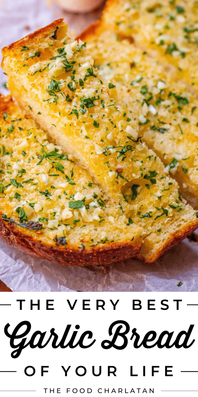 bread cut into wedges with garlic and parsley.