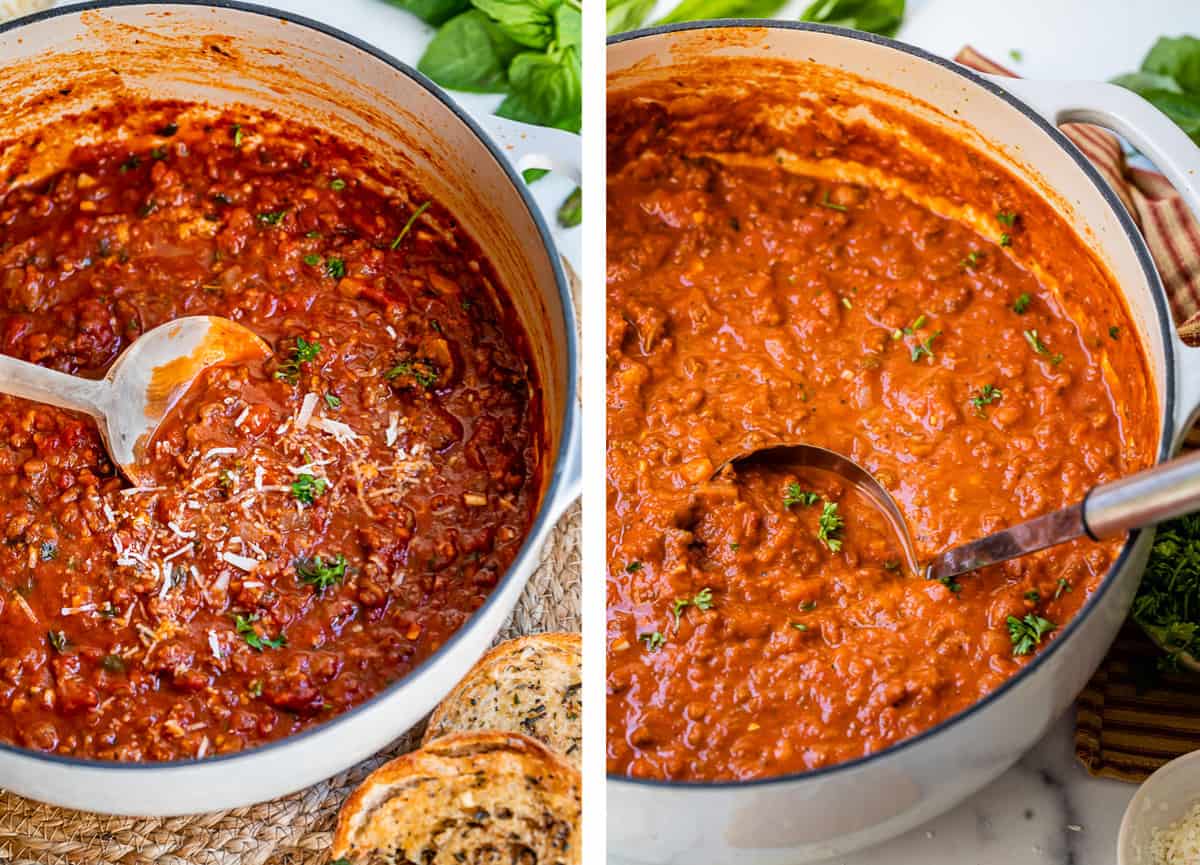 two pots of red meat sauce side by side, with a spoon in each pot.