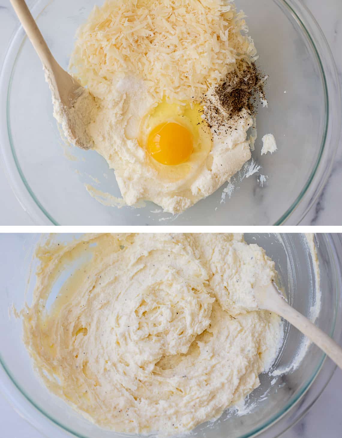 bowl of ricotta, egg, parmesan, and pepper, then a bowl of it all mixed together.