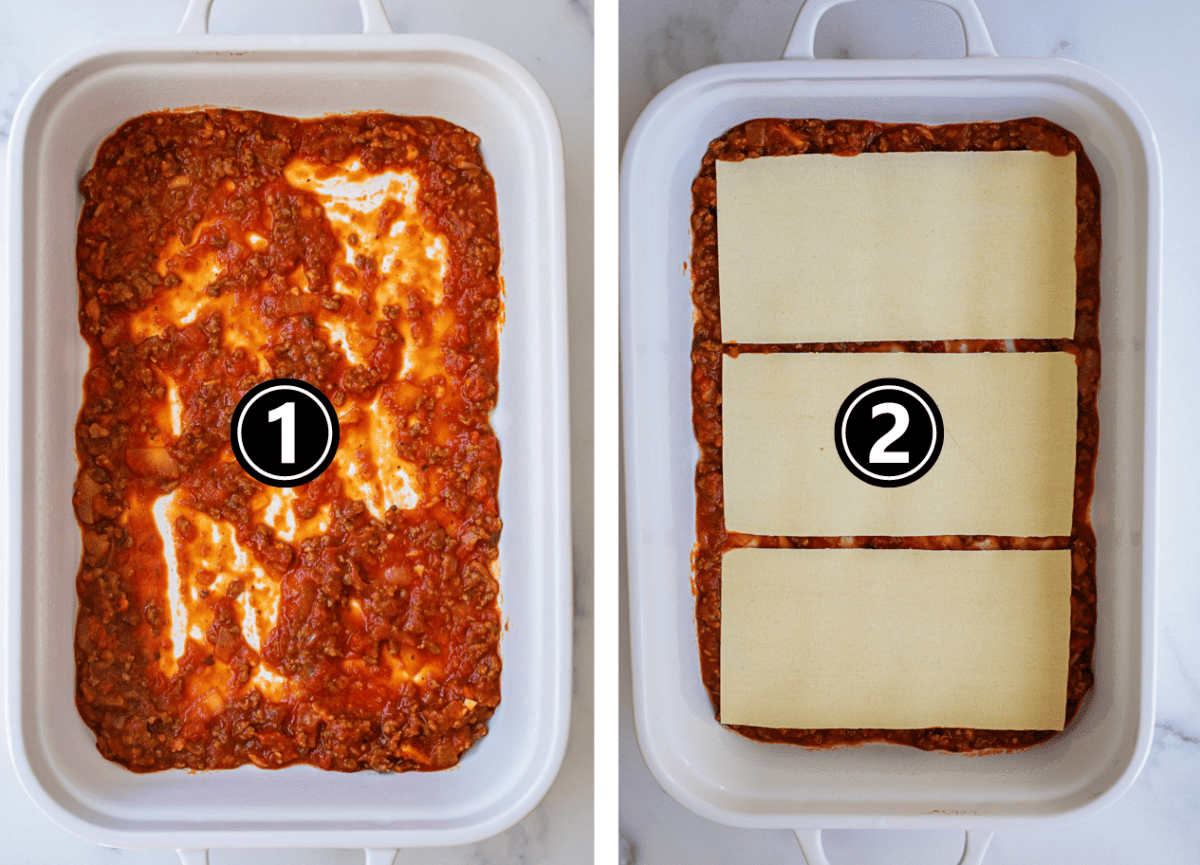 The first 2 steps of layering lasagna, sauce and noodles.