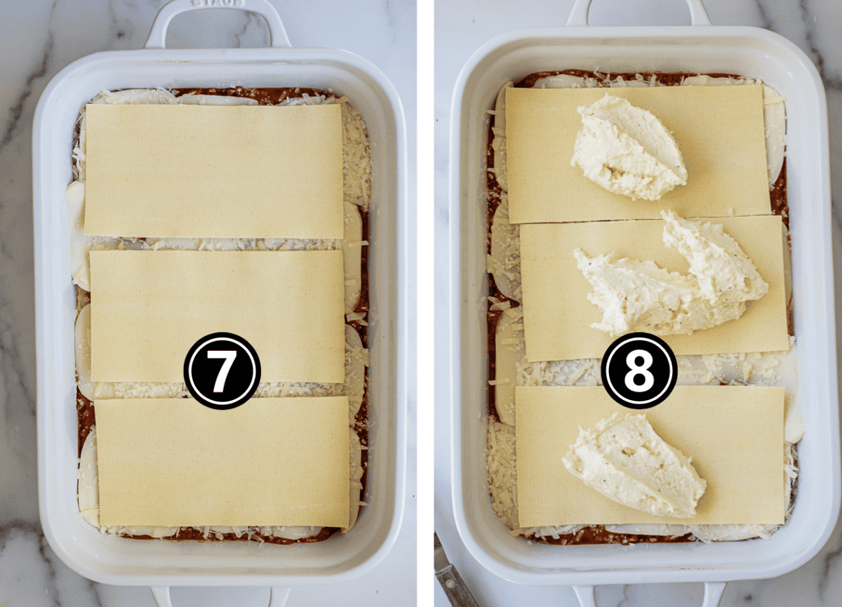 Layering lasagna with noodles and ricotta cheese mixture