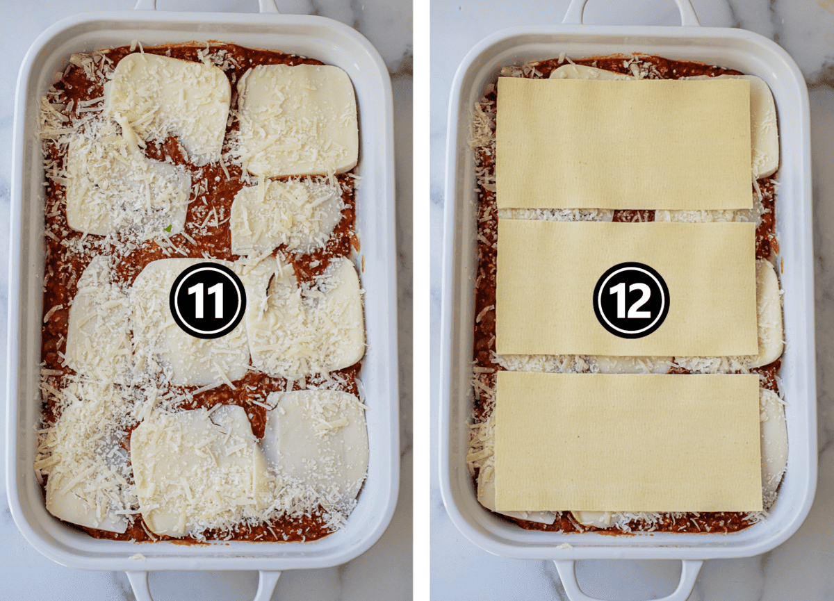 Steps for layering lasagna with cheese and lasagna noodles