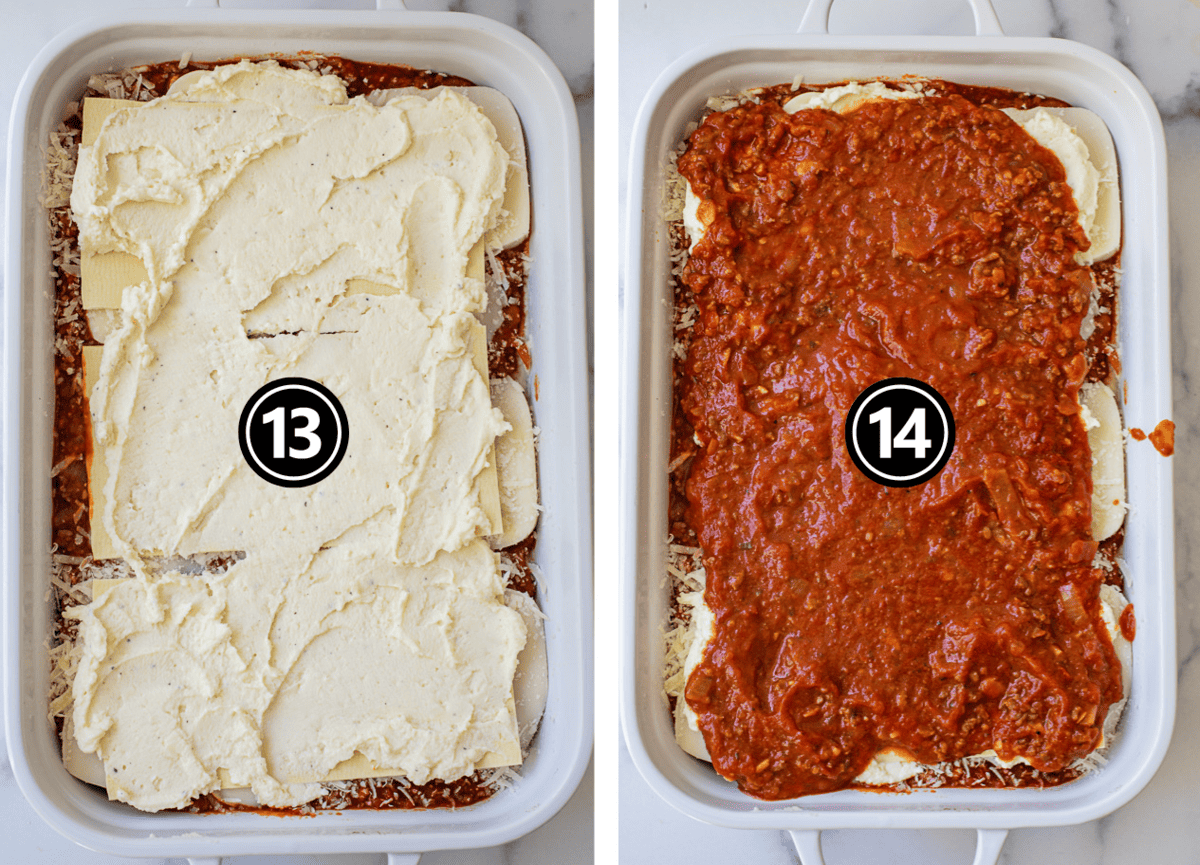 Steps to layering lasagna with ricotta and marinara sauce
