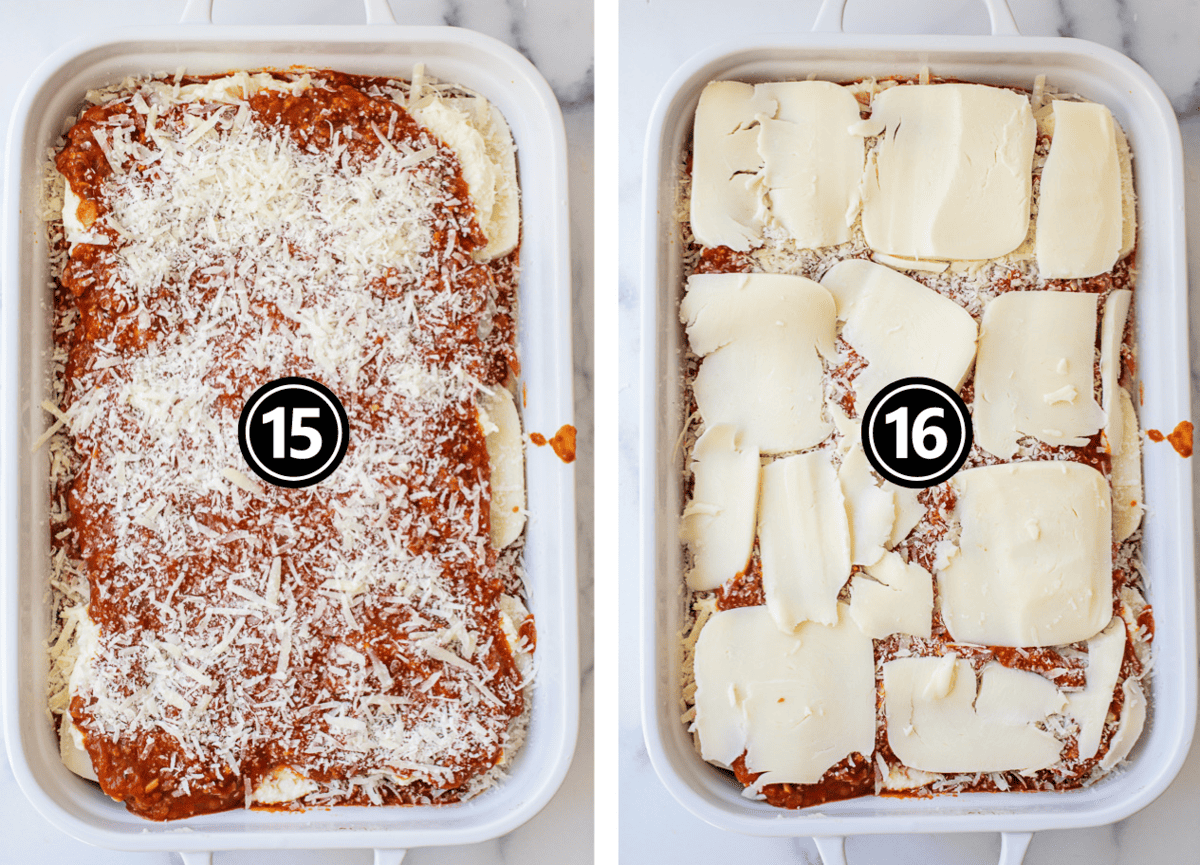 Steps to layer lasagna with shredded and sliced cheese