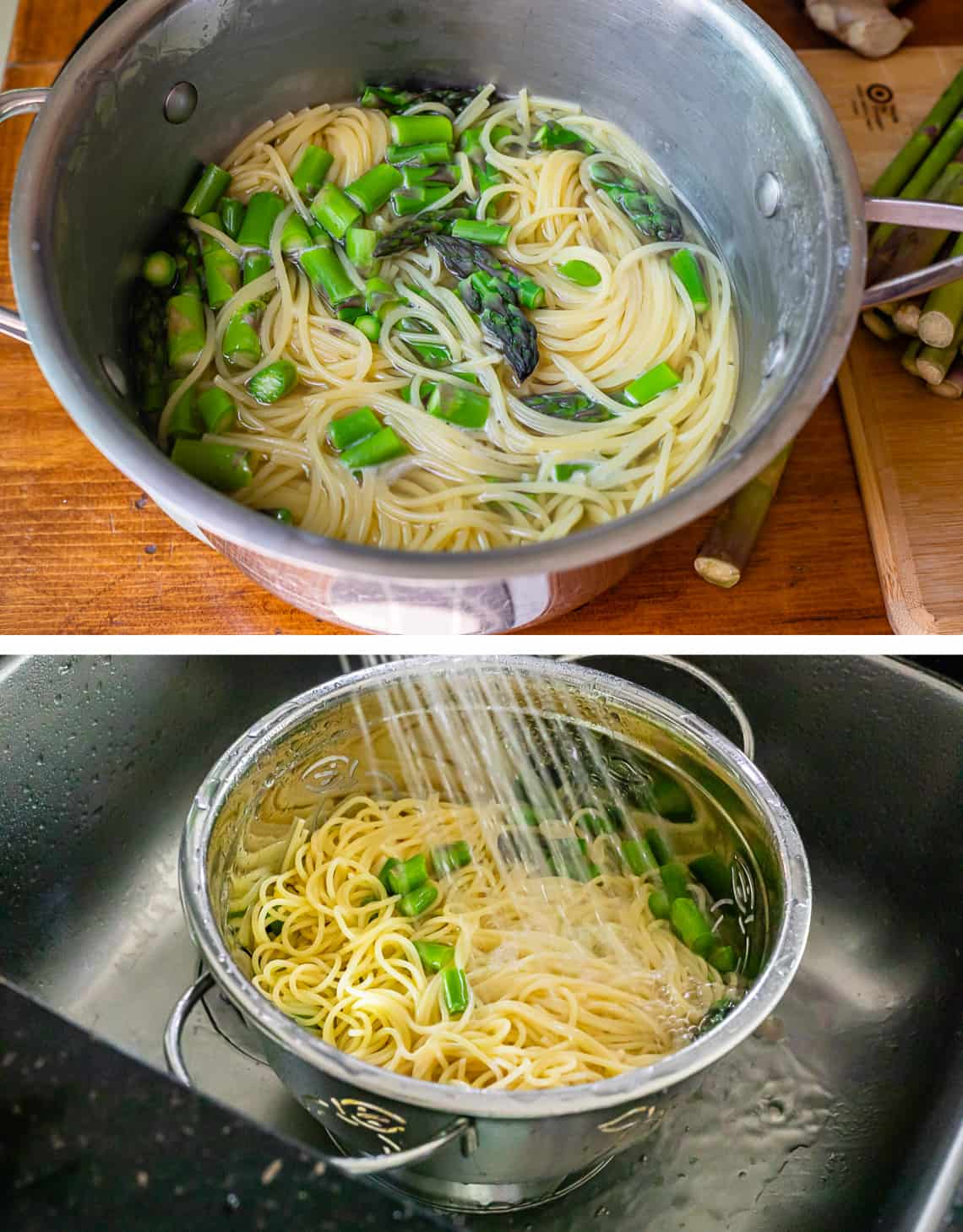 cooked noodles and veggies in a pot, then in strainer being rinsed with some water.