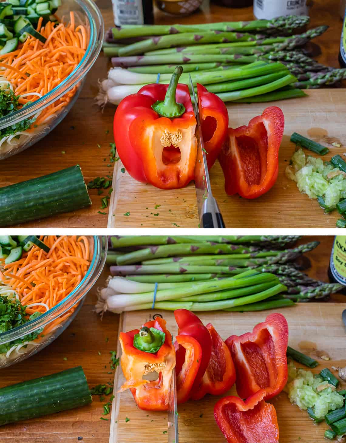 showing how to chop a bell pepper - from the top, avoiding the ribs and going straight down.