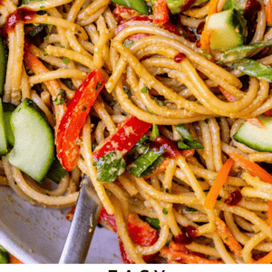 cold sesame noodles with cucumber and bell pepper, in a white bowl with a spoon. and