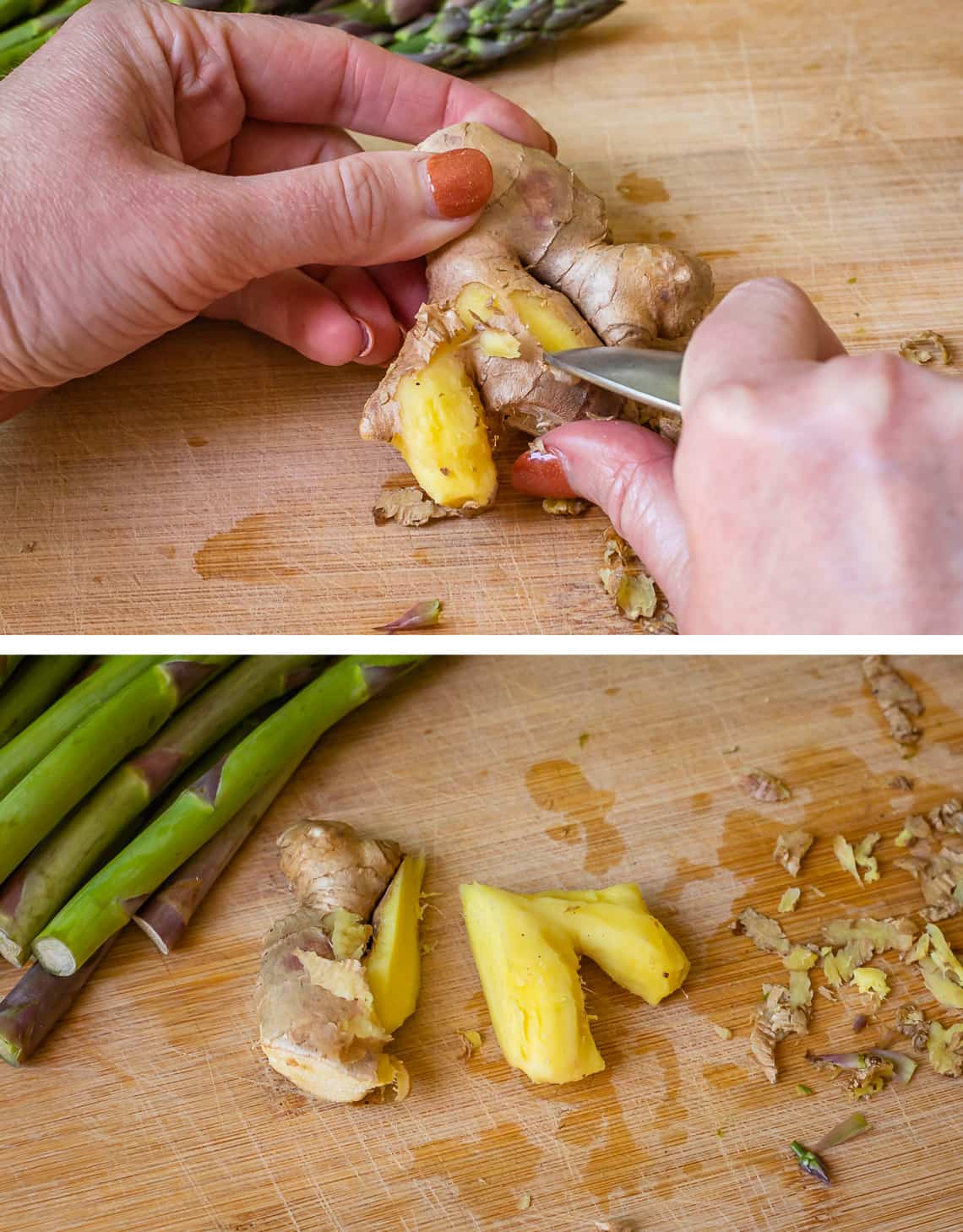peeling ginger with a spoon and peeled ginger in preparation for sesame noodles.