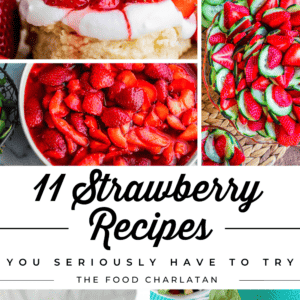 collage of photos all with strawberries in them: shortcake, cookies, cake, salad.