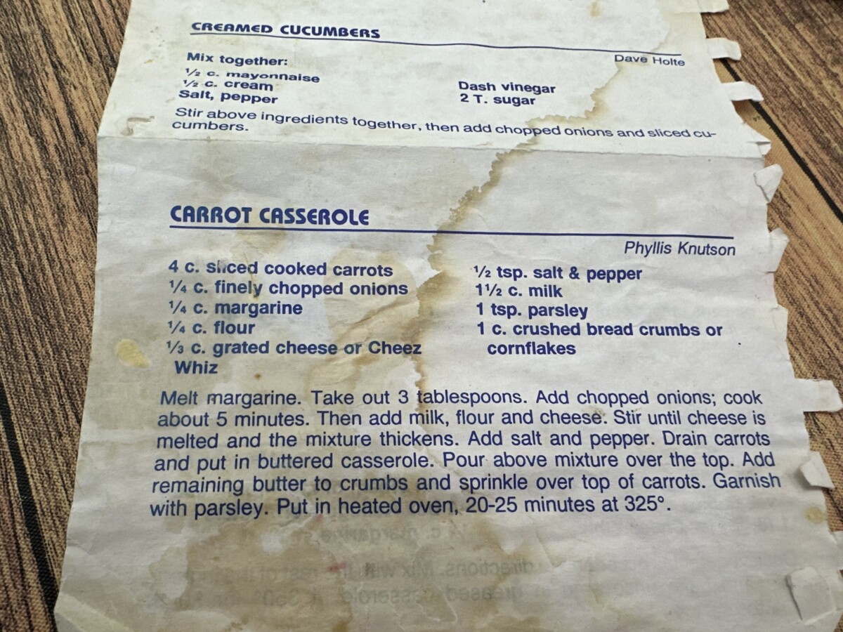 picture from an old recipe book; one recipe for creamy cucumbers, another for carrot casserole.