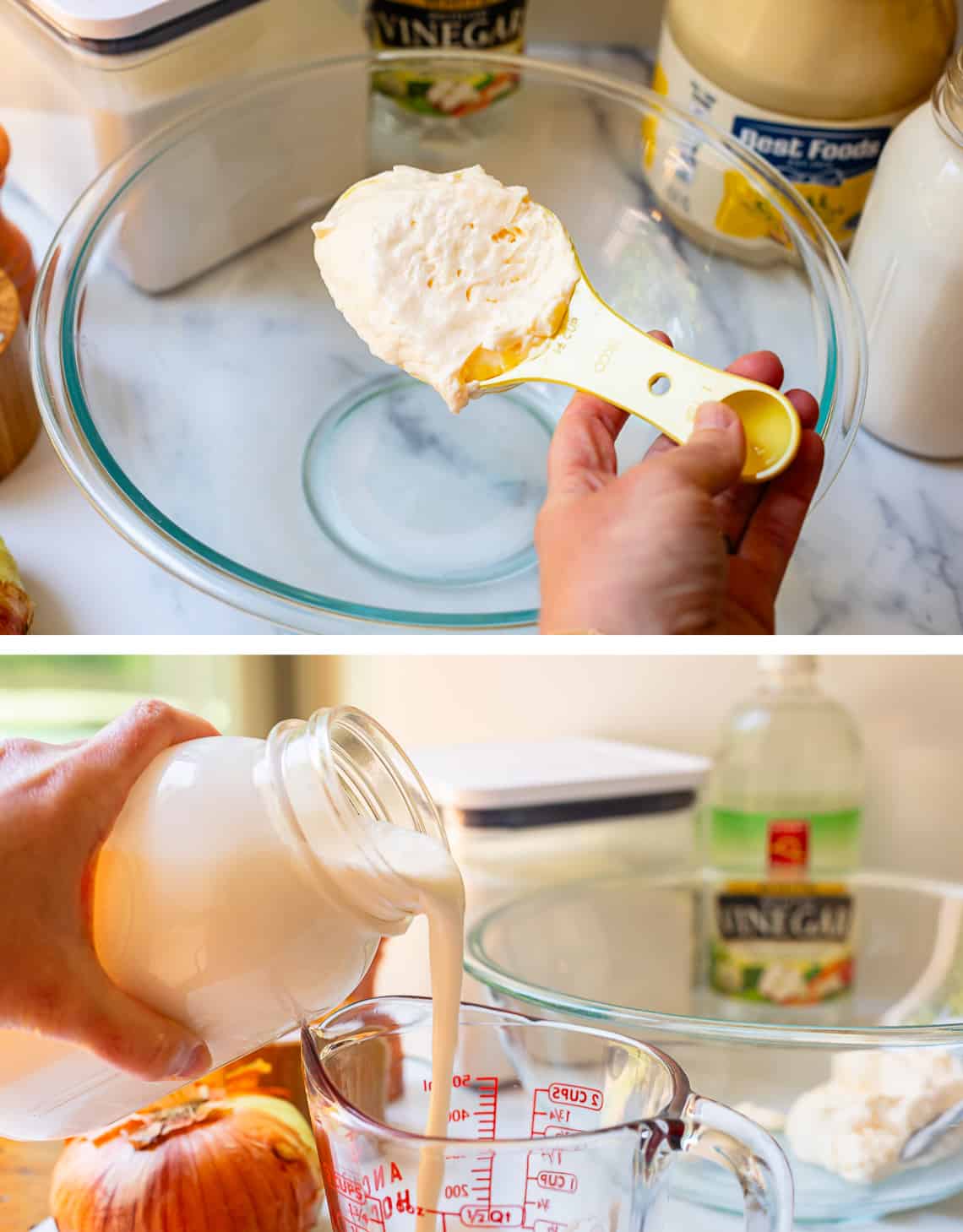 Measuring out mayonnaise and cream for creamy sauce.