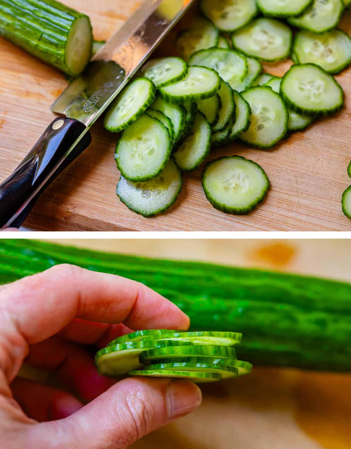 Slicing English cucumber with a chef's knife and demonstrating the thinness of the slices.