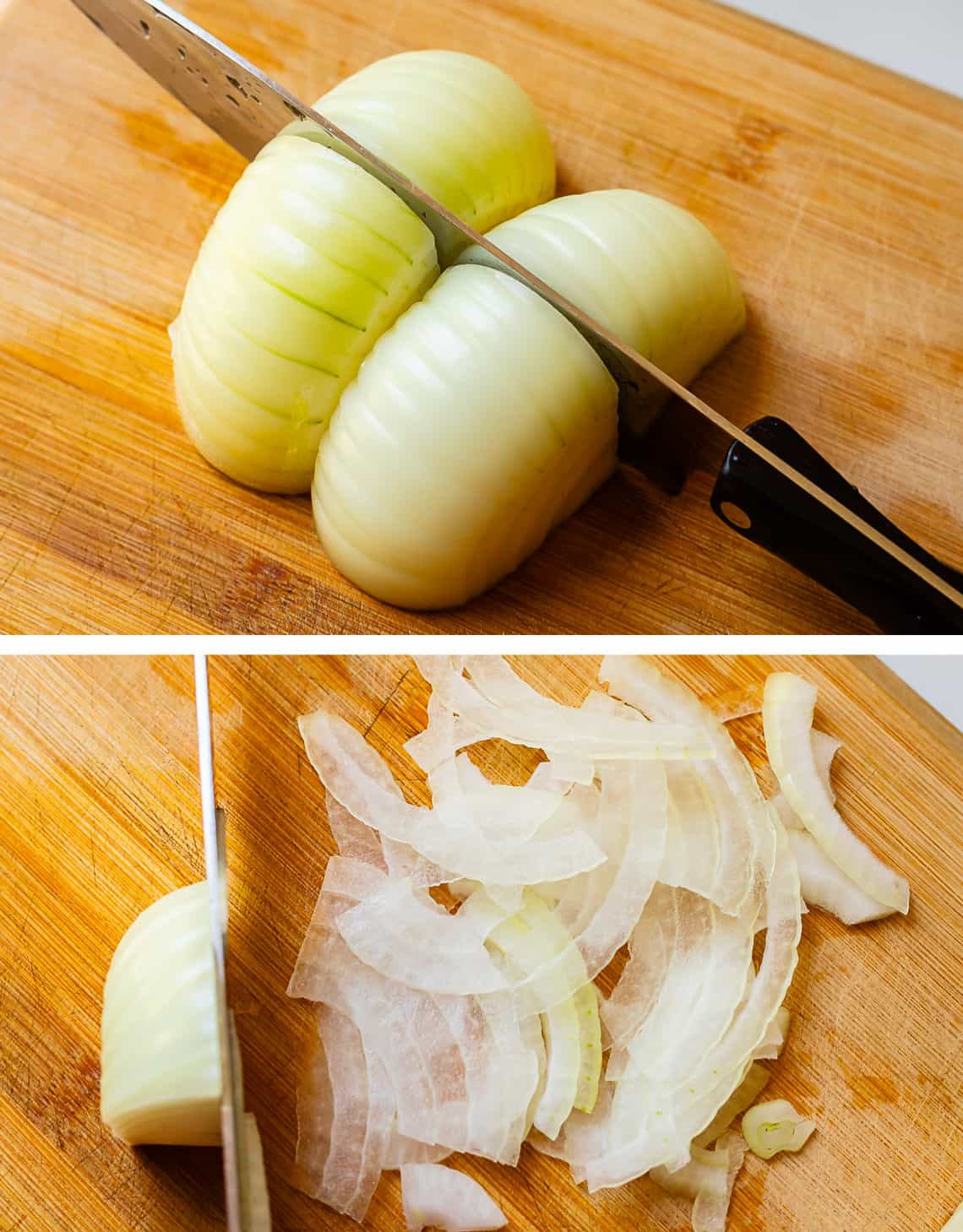 Slicing onions along its height and then width to get very thing cuts.