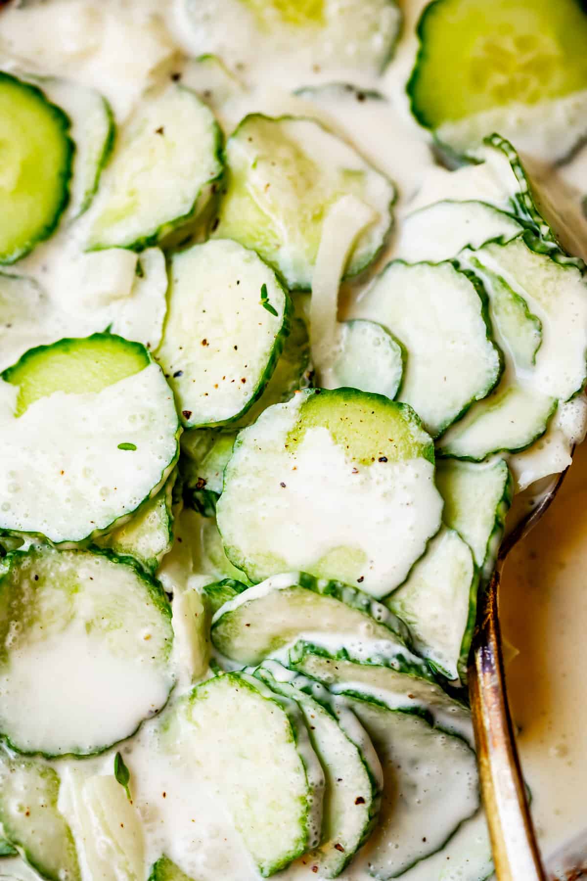 creamy cucumber and onion salad topped with thyme and pepper.