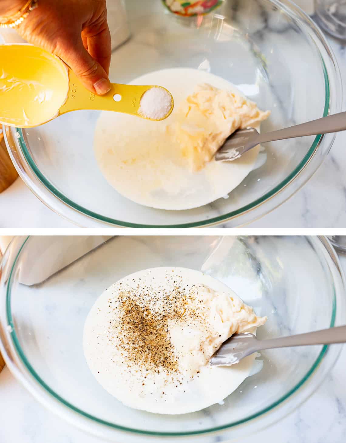 Measuring out salt and pepper for creamy sauce.