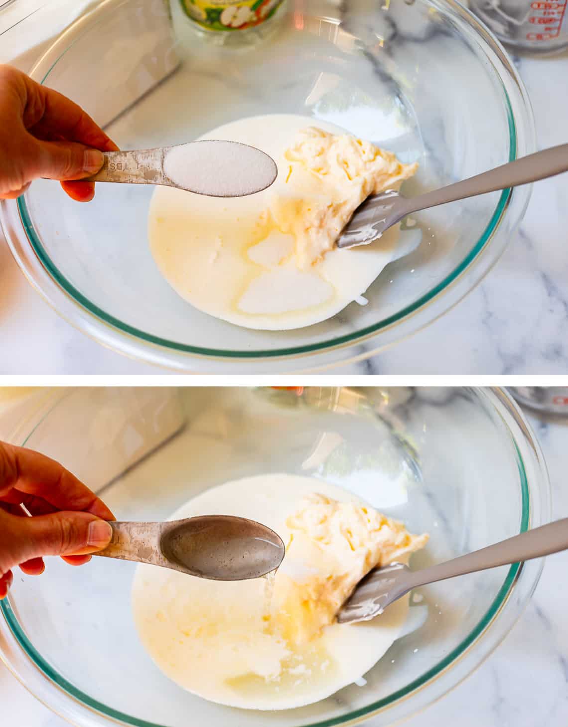 Adding sugar and vinegar to creamy sauce in large glass bowl.