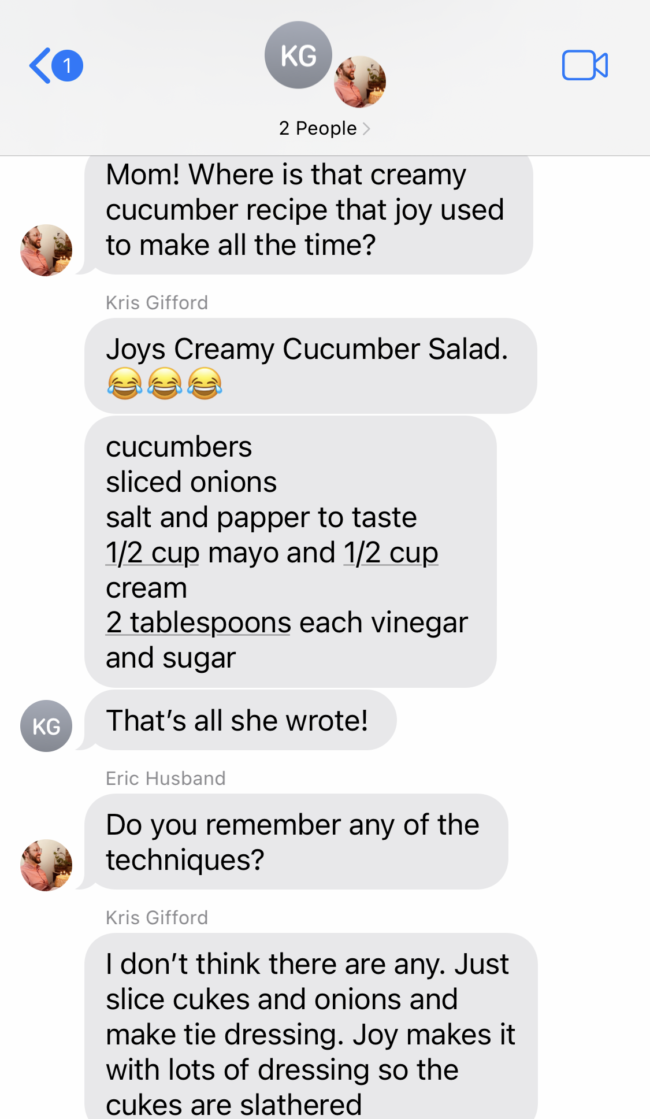 screenshot of text message discussing cucumber salad recipe