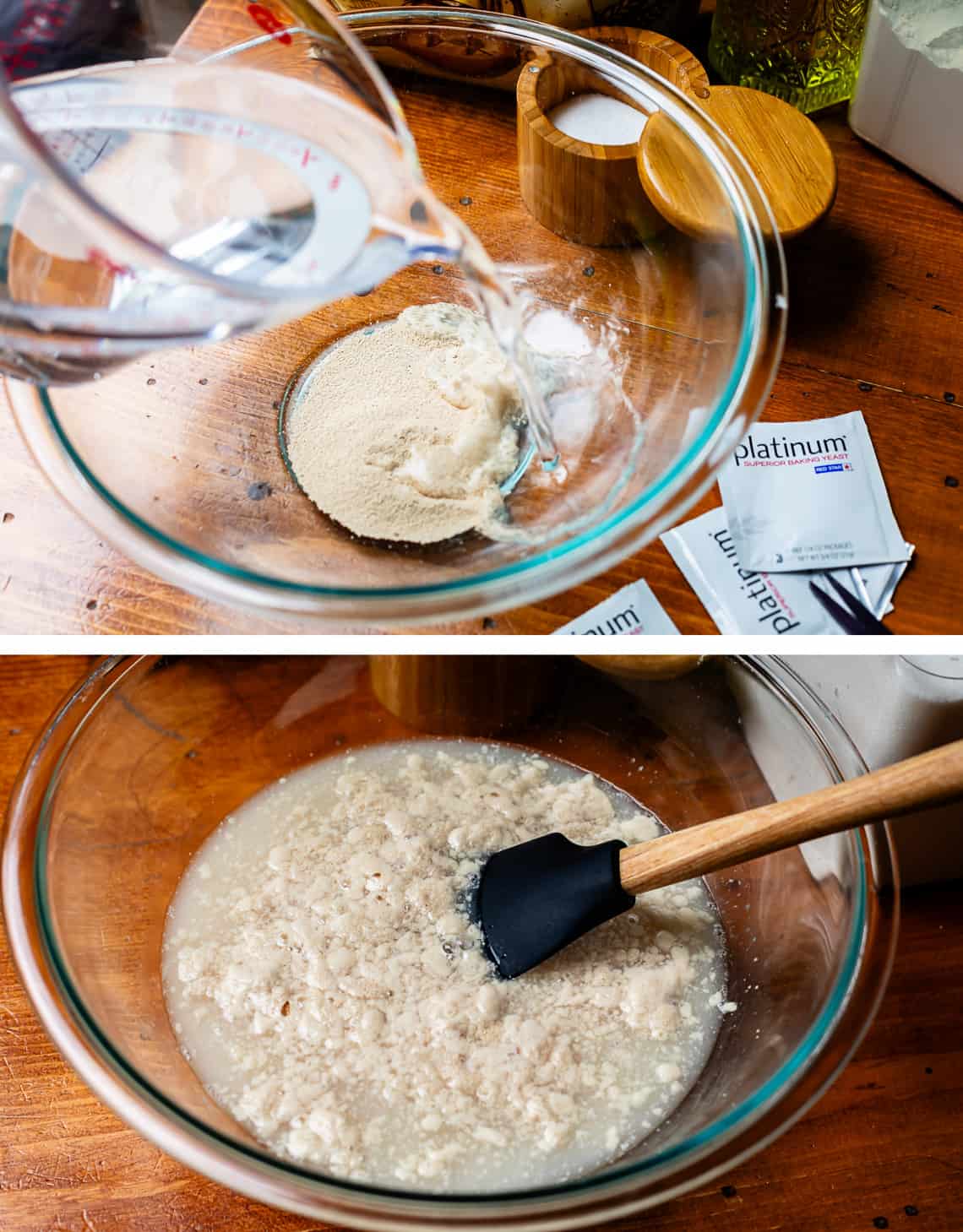 pouring water over yeast in a bowl, underneath stirring the two together.