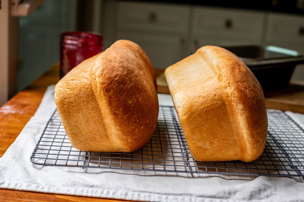 two baked loaves of white bread on their side on a cooling rack to help the bread stay tall.