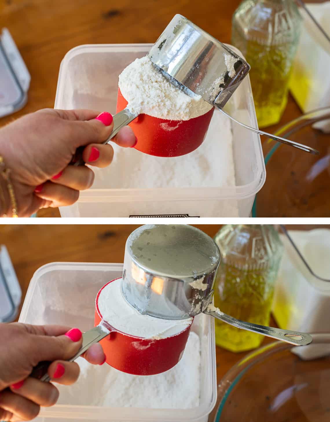 top, scooping flour into a measuring cup, bottom leveling the flour for accurate measuring.