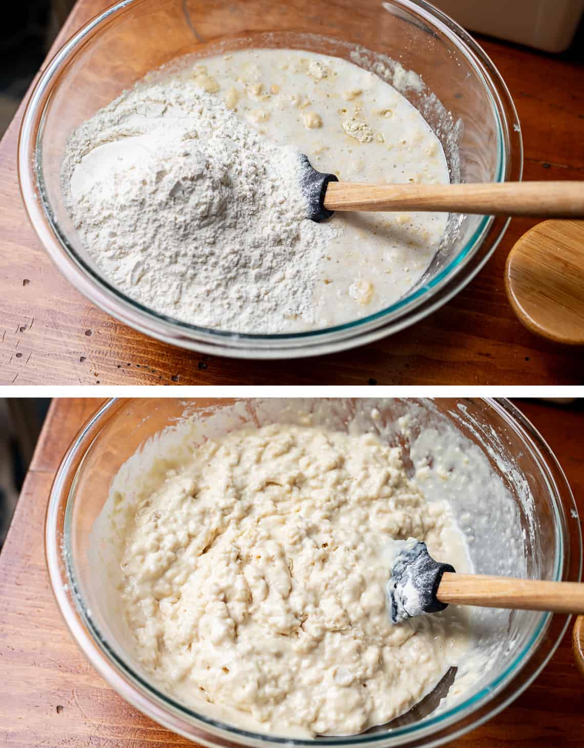 top, flour poured on top of yeast mixture, bottom the flour all mixed in.