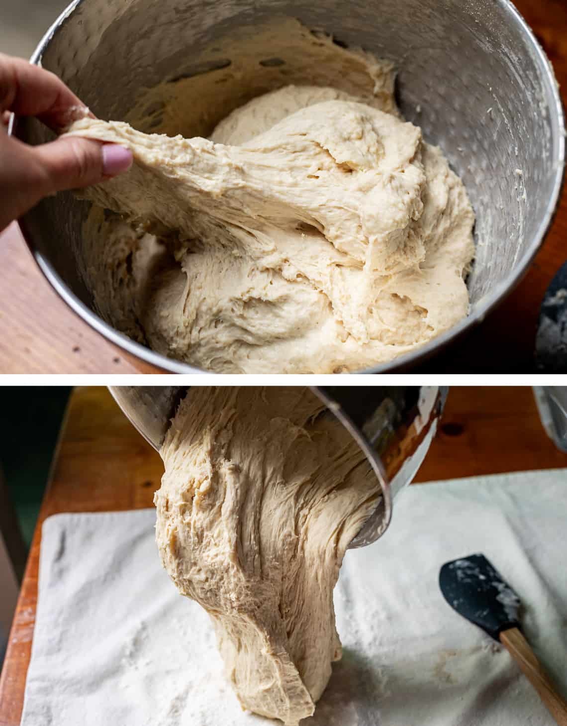 top showing the stretchiness of the dough, bottom pouting the dough out to knead.