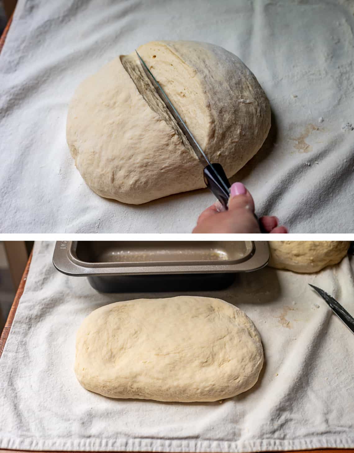 top splitting the finished dough into two, bottom flattened out dough for one loaf to go in pan.