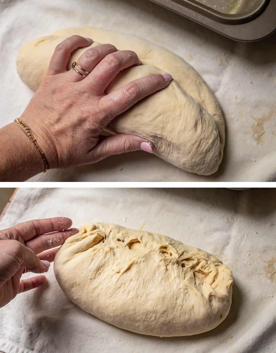 top pushing the flattened out piece into t a football shape, bottom pinching the ends of the shape together.