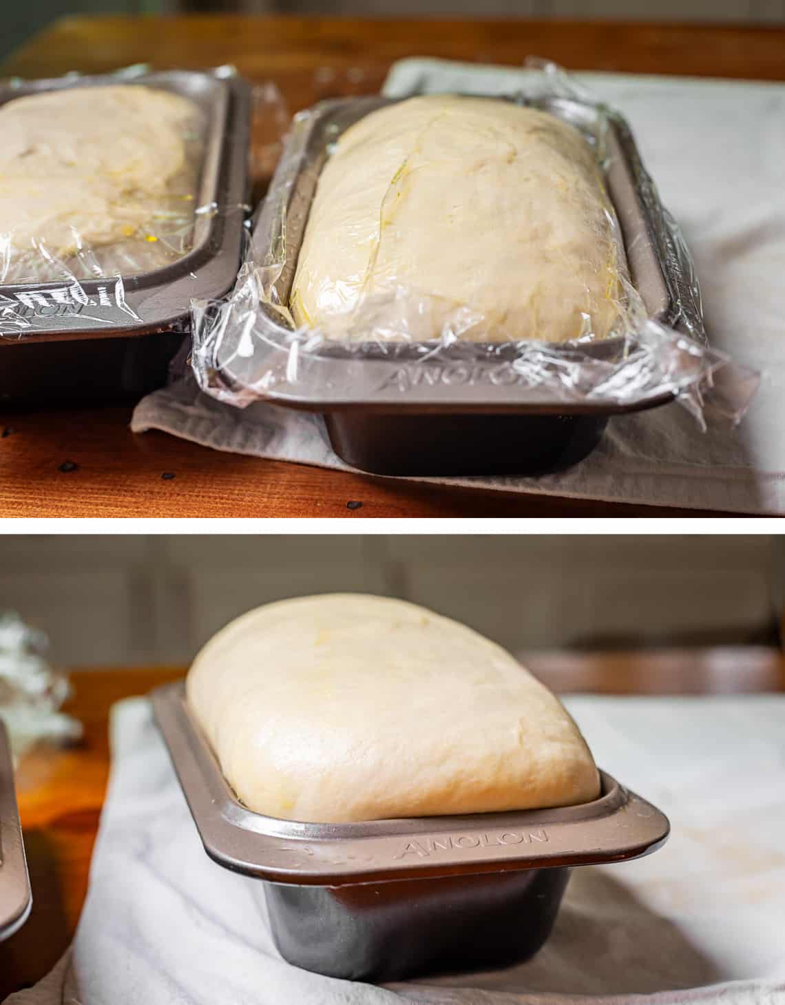 top showing a risen loaf in the pan, bottom the loaf rising out of the top of the pan.