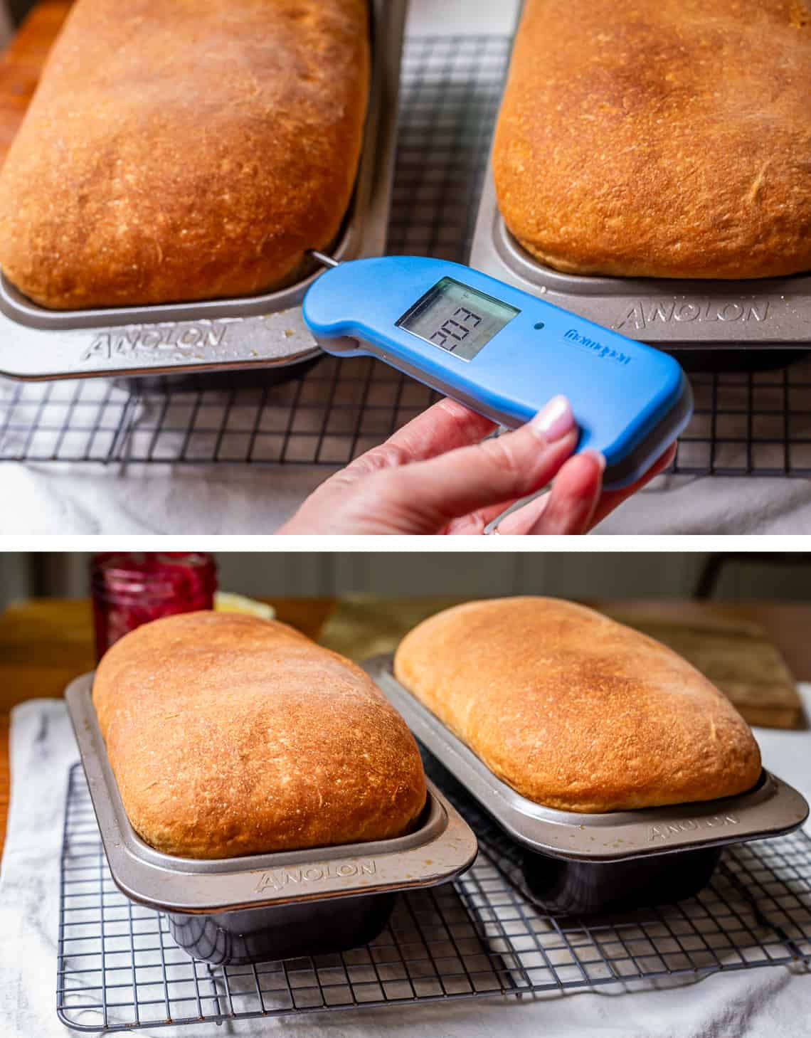 top baked loaves being checked with an instant thermometer. bottom two baked loaves.